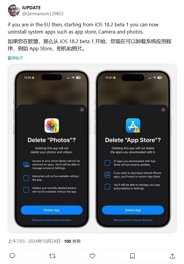 延庆苹果手机维修分享iOS 18.2 支持删除 App Store 应用商店 