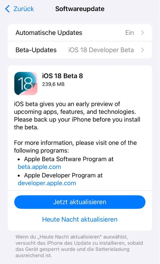 延庆苹果手机维修分享苹果 iOS / iPadOS 18 开发者预览版 Beta 8 发布 